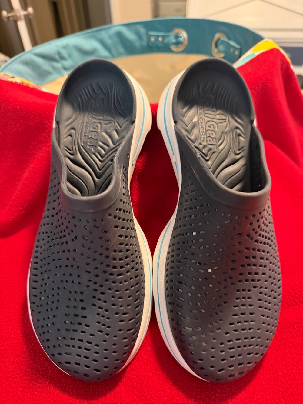 Skechers Navy Perforated Slip-On Clogs with White Soles